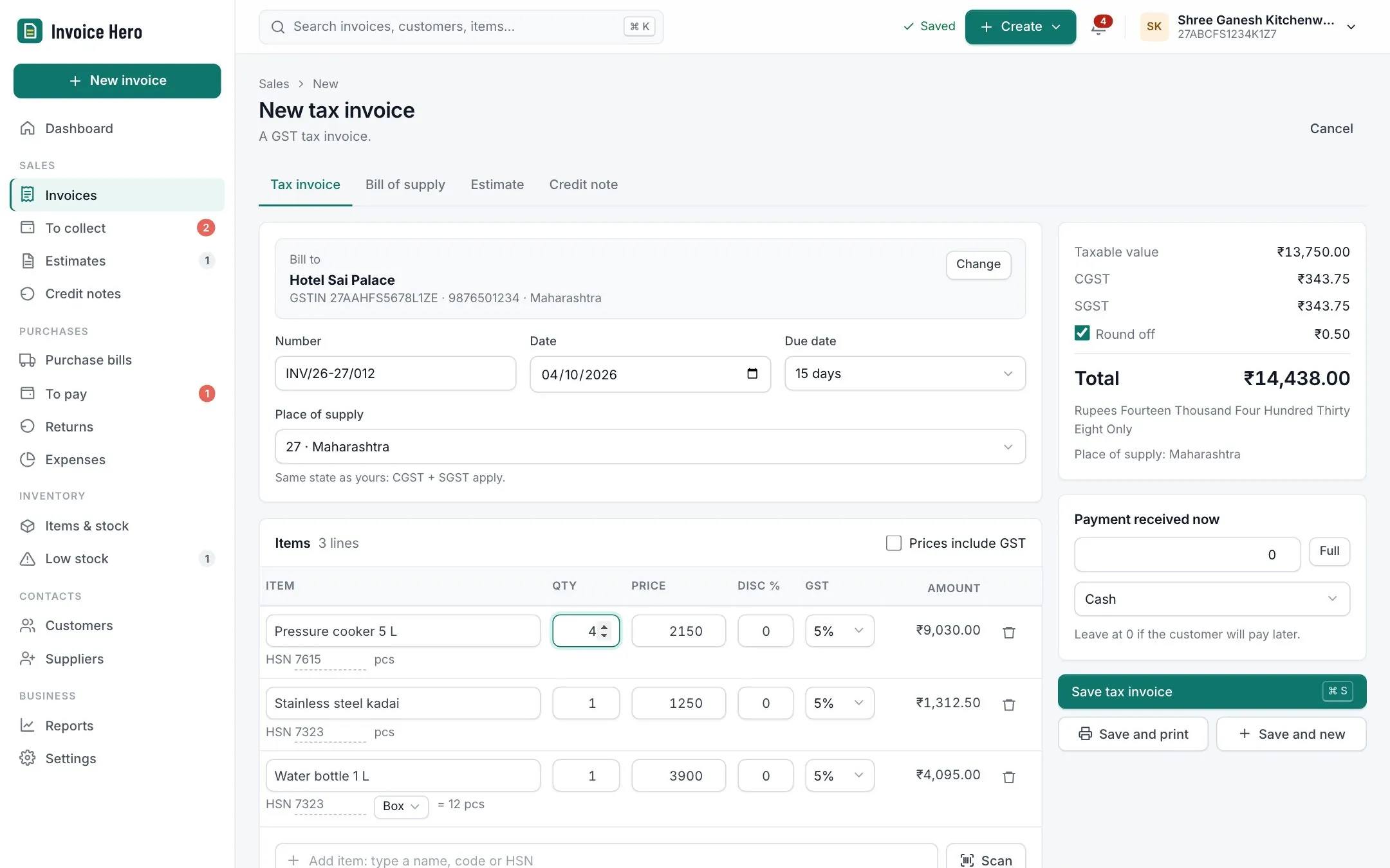 Creating a GST invoice in Invoice Hero