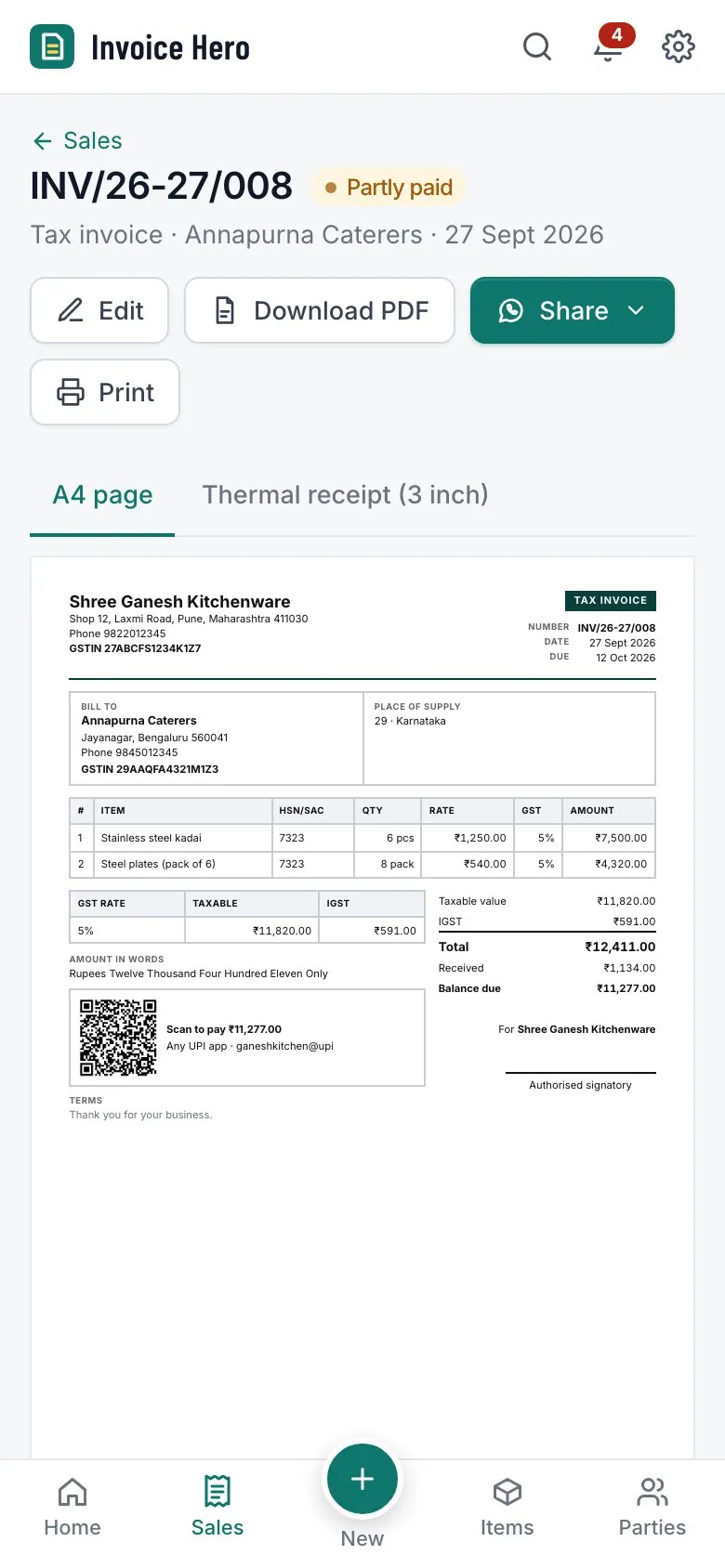 An invoice on a phone with WhatsApp and print buttons